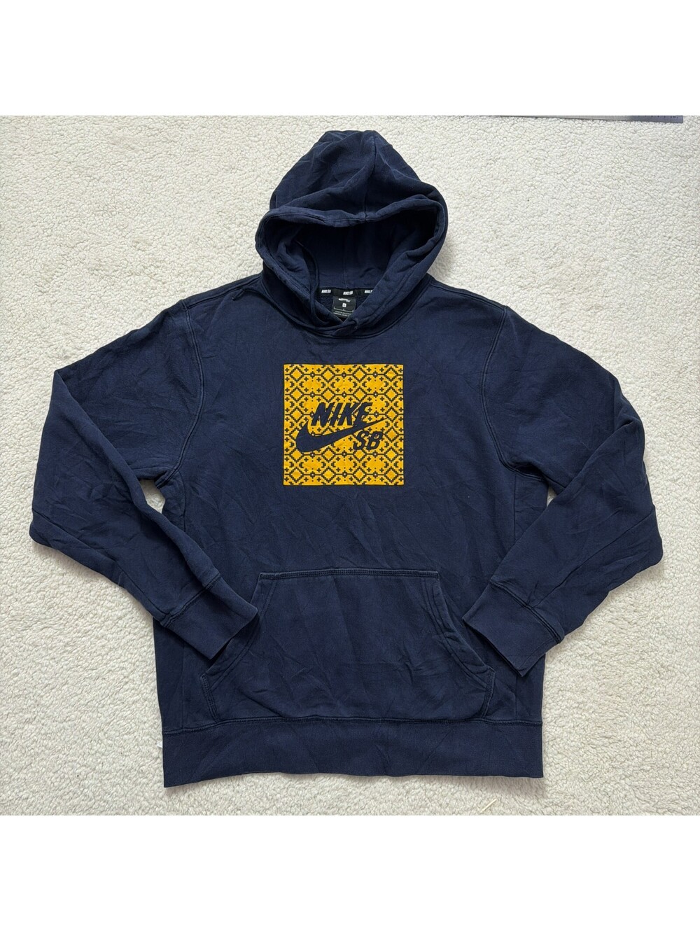 Nike SB Geometric Box Logo Hoodie Navy Blue Yellow Mens Large Skate Pullover